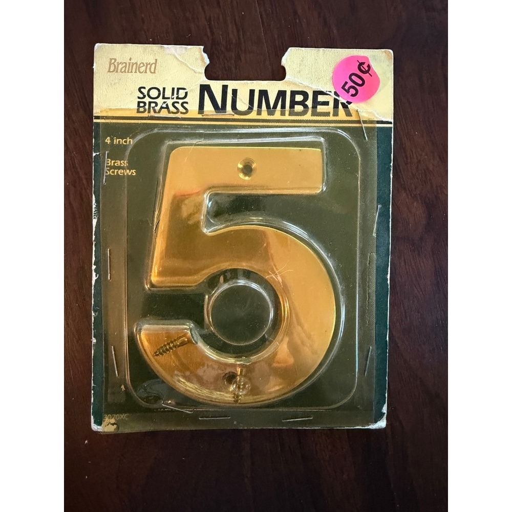 NEW 5" Brainerd Solid Polished Brass House Number - "5" Model 3070XC NOS Vintage